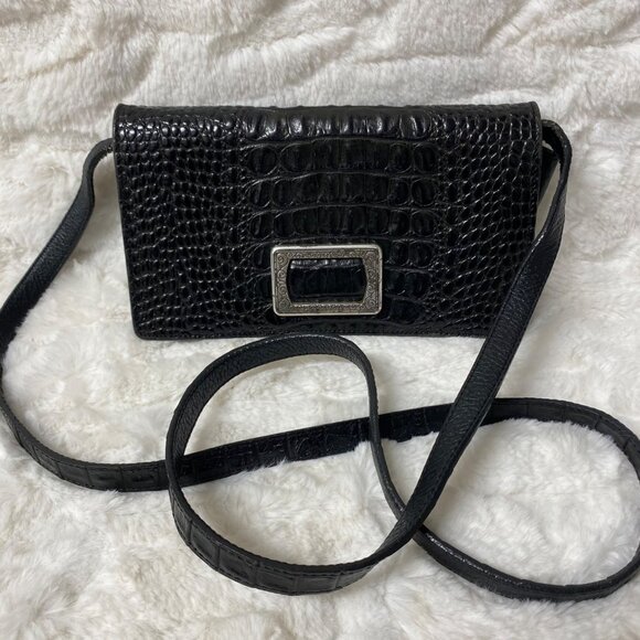 Brighton Vtg Clutch Embossed Organizer/Clutch Black Leather Cross Body Bag - Picture 1 of 11